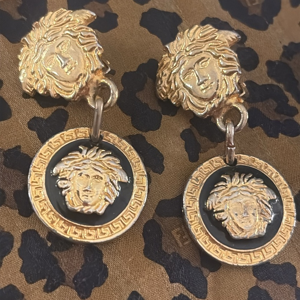 Gianni Versace Vintage Medusa Black & Ivory Two Toned Gold Clip-on drop Earrings
